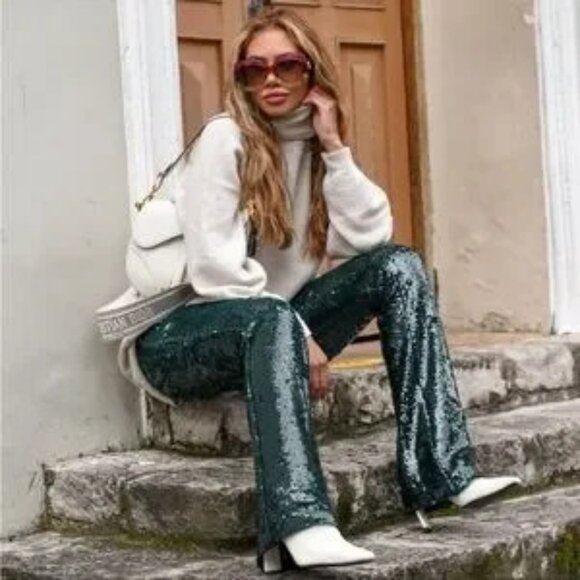 ZARA NWT BLOGGER FAVE Emerald Green Sequin Flare Leg Pants Holiday Pants. M - Picture 3 of 5